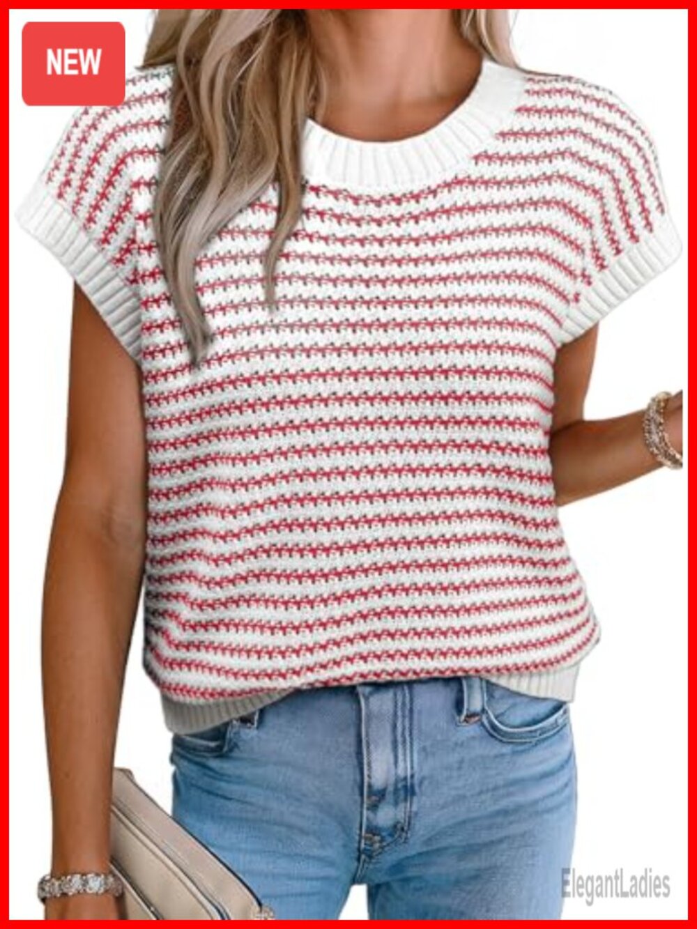 EVALESS Striped Cap Sleeve Sweater Vest Round Neck Tank Top